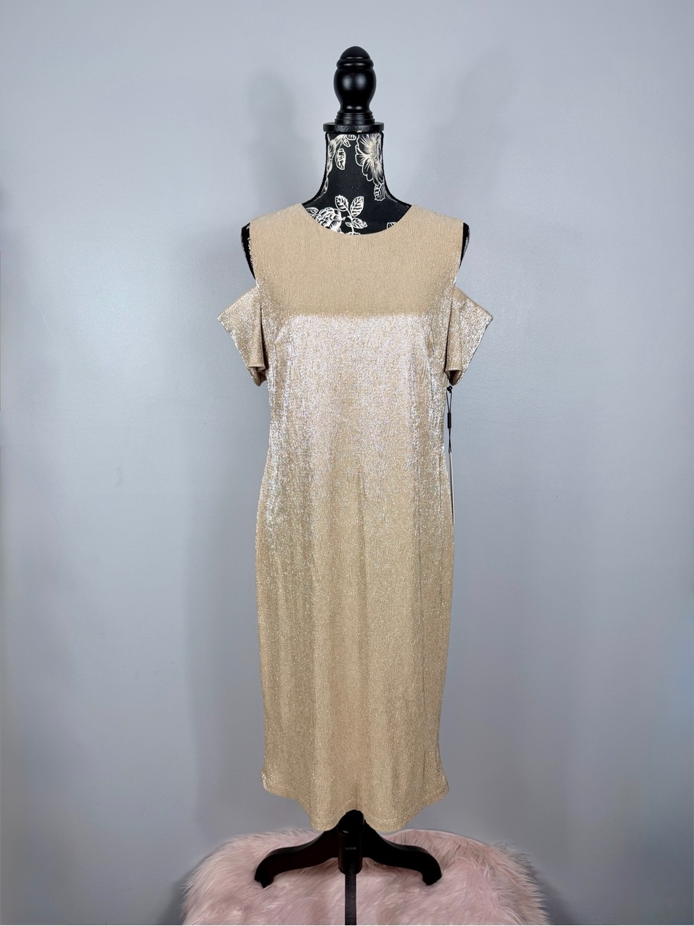 NWT Calvin Klein gold shimmer cold shoulder midi length cocktail dress size 10